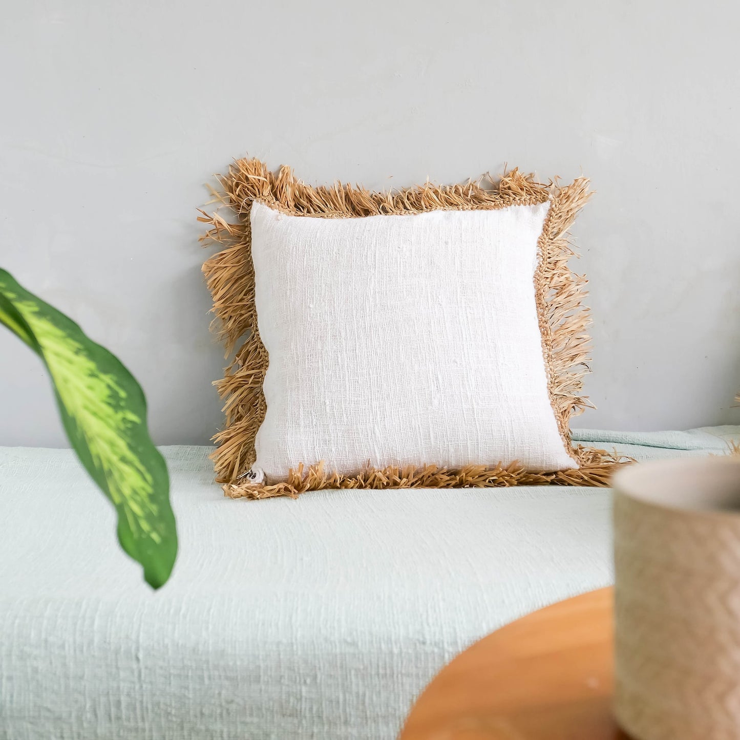 Organic white cotton fringed pillow cover