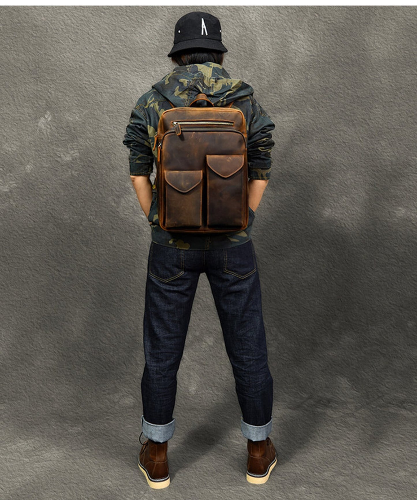 dark brown leather backpack