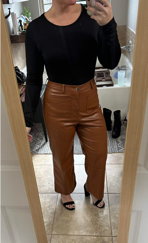 Women's Front Pocket Real Leather Pants Wide Leg