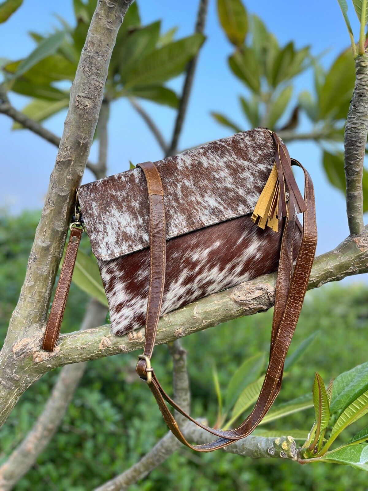 Brown White Speckled Cowhide Sling Purse