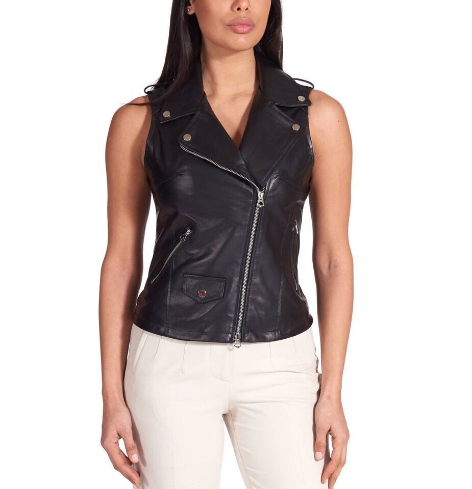 Black Leather Vest Women Sleeveless Biker Jacket