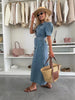 Women’s Short Sleeve Button Down Denim Midi Dress with Waist Tie