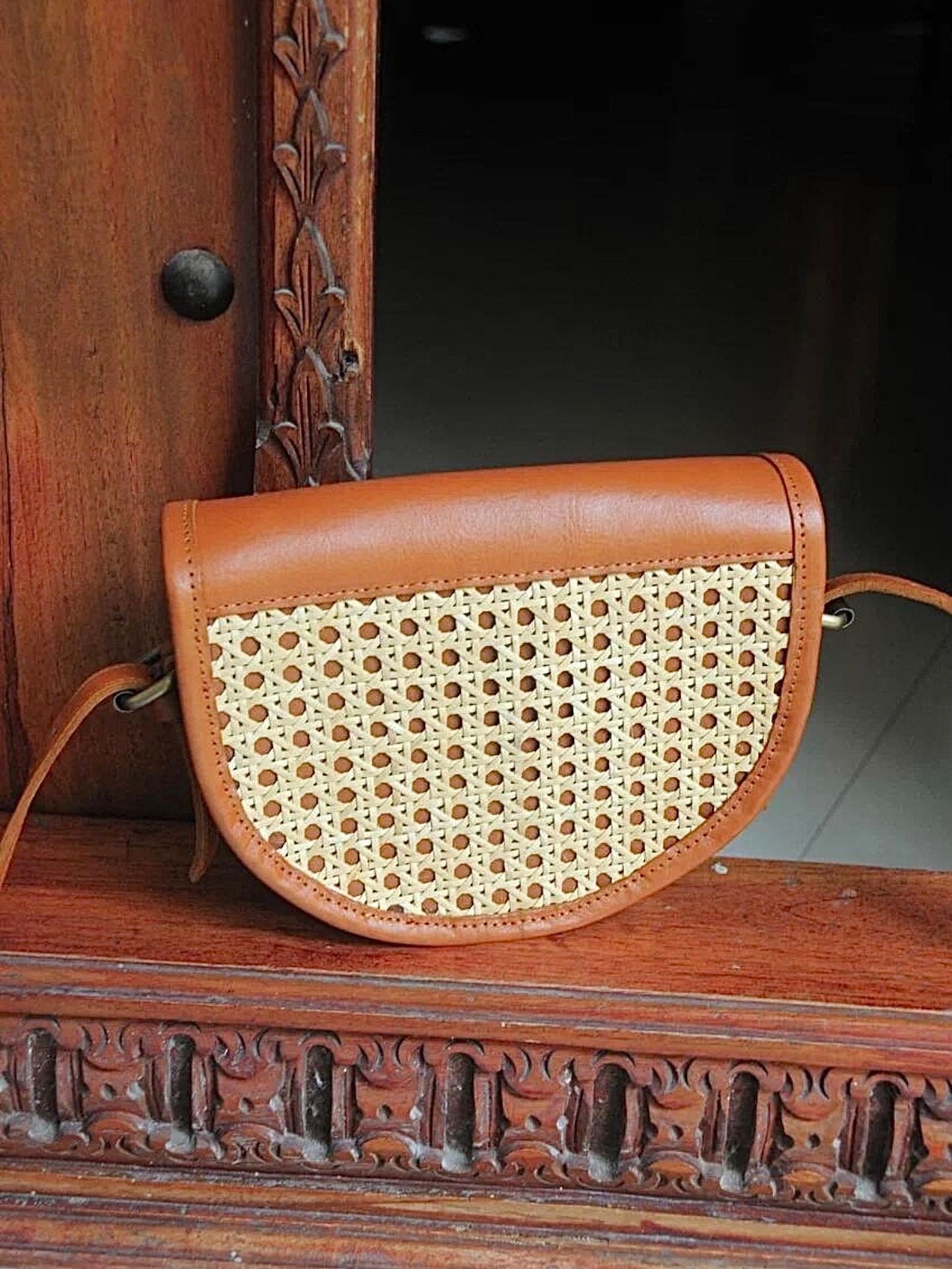 Genuine Leather Rattan Crossbody Bag