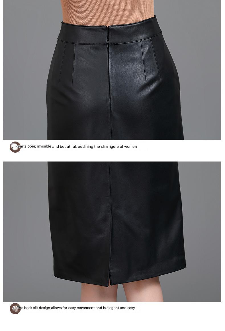 Women Leather Skirt High Waist Mid-Length with Back Slit