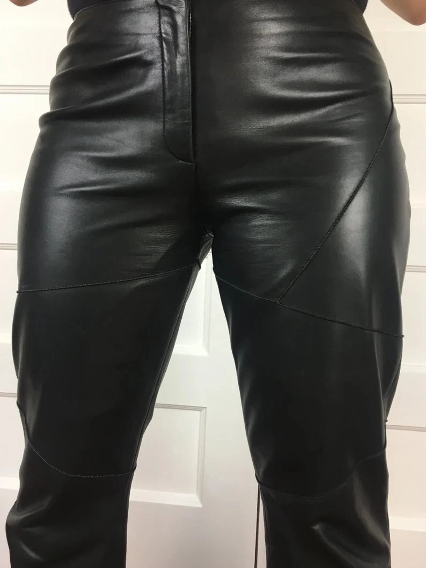 black real leather wide leg pants