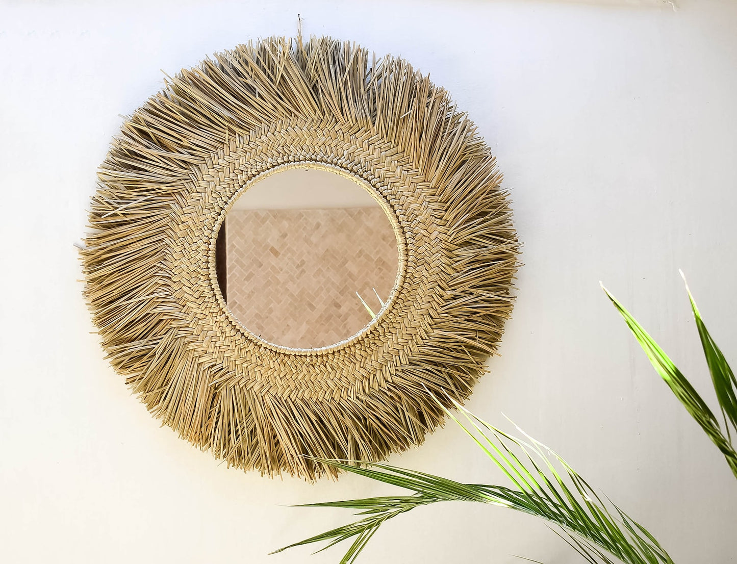 Woven natural seagrass raffia wall mirror