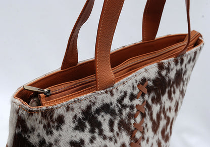Brown White Cowhide Tote Bag With Studs