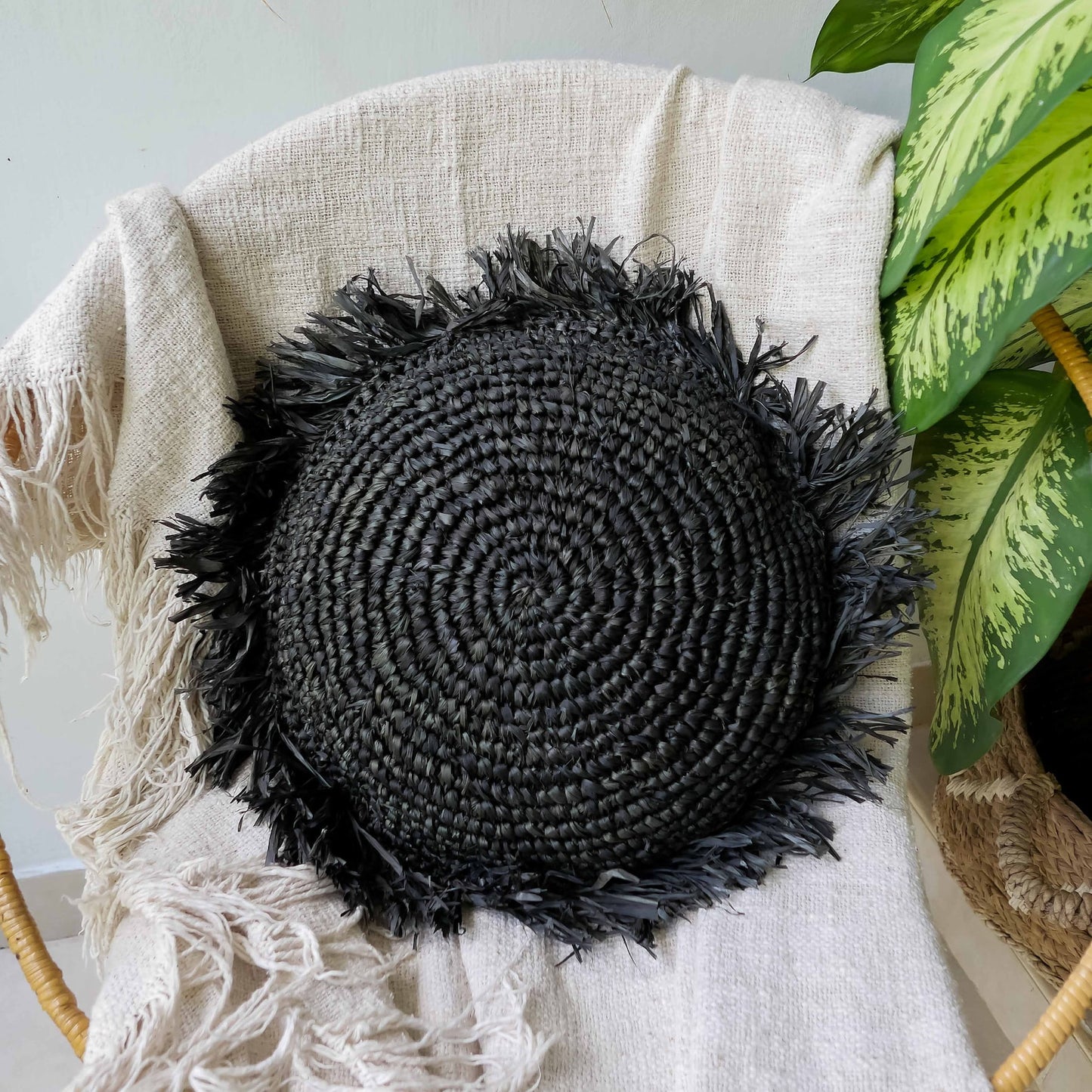 Handmade Seagrass Raffia Jute Black Pillow Case