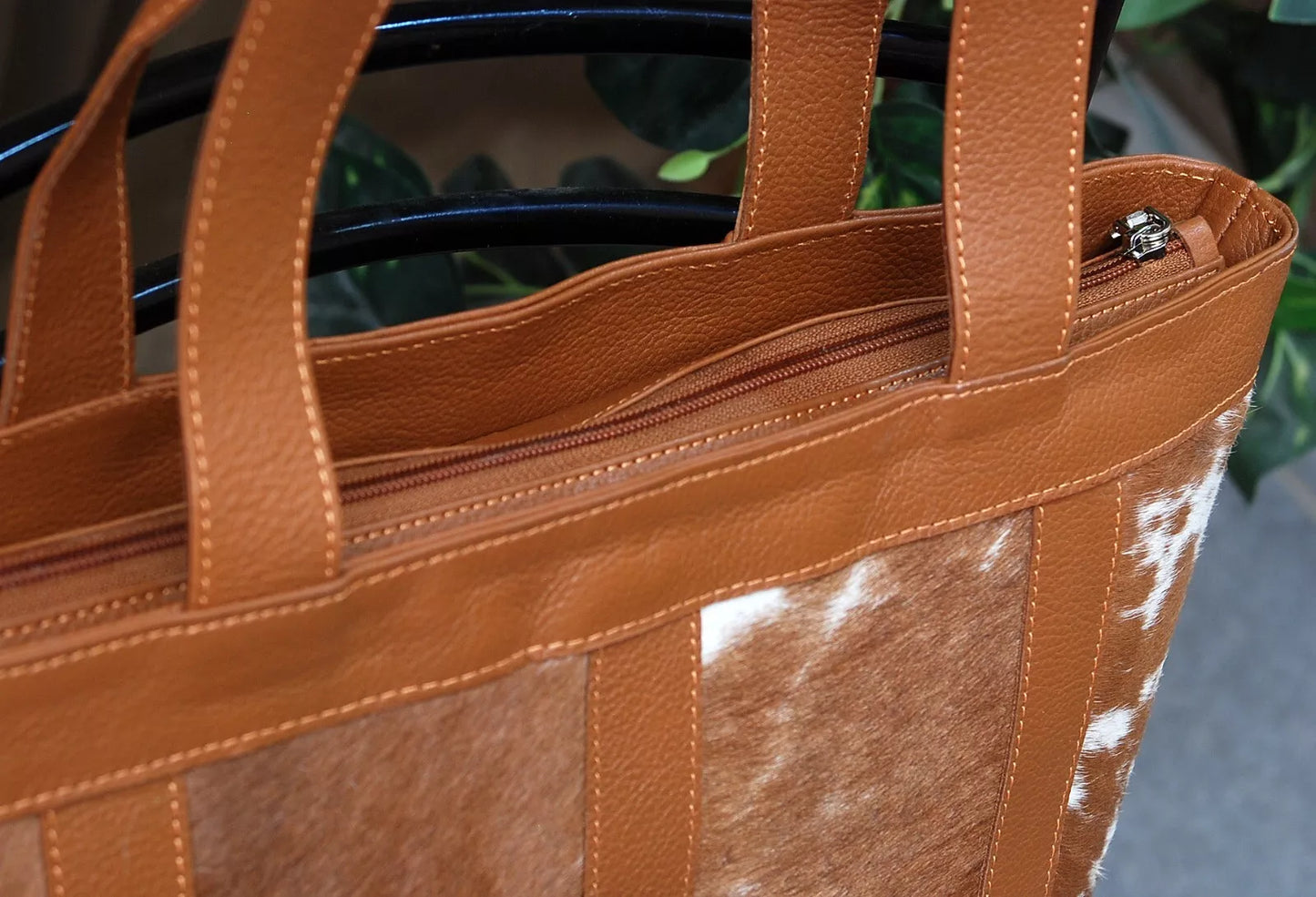 Large Cowhide Leather Brown White Bag