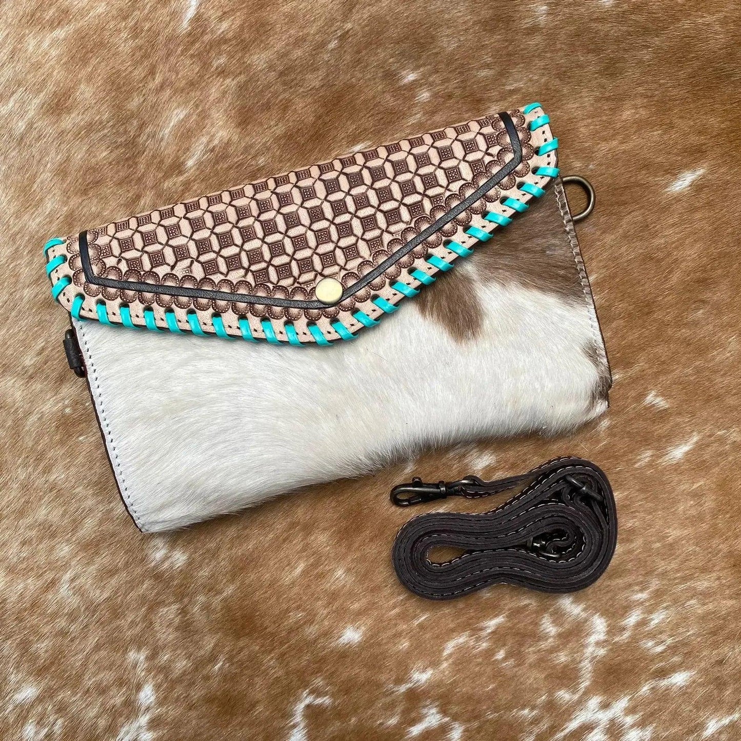 Hair On Cow Skin Tooled Crossbody Wallet