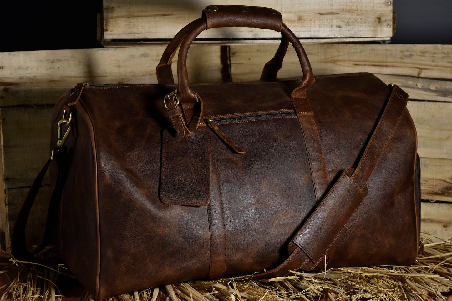 Large Leather Overnight Duffle Bag with Shoe Compartment
