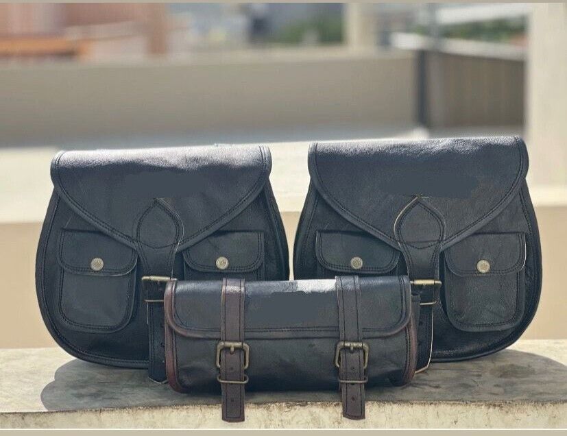Black Leather Motorcycle Storage Panniers