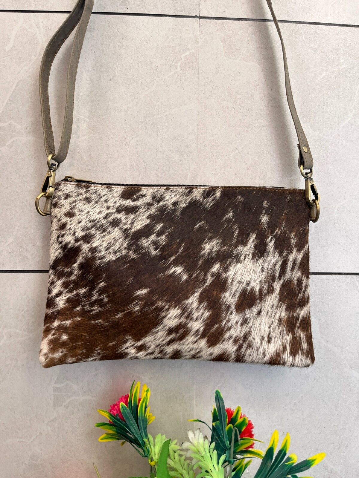 Speckled Brown White Cowhide Crossbody Bag