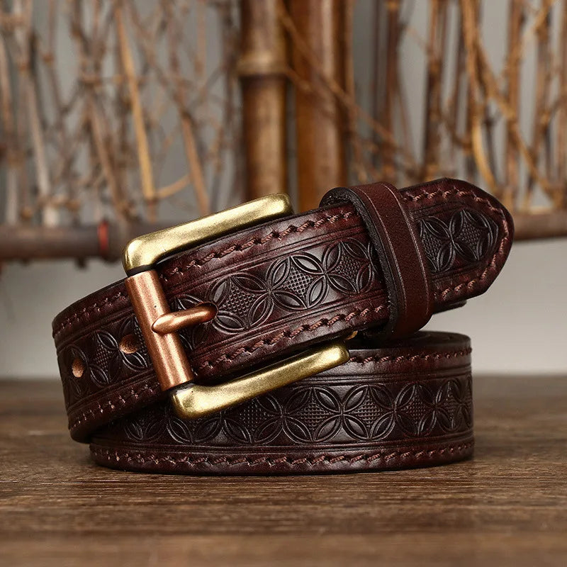 Genuine Leather Belt for Men Vintage Brass Buckle