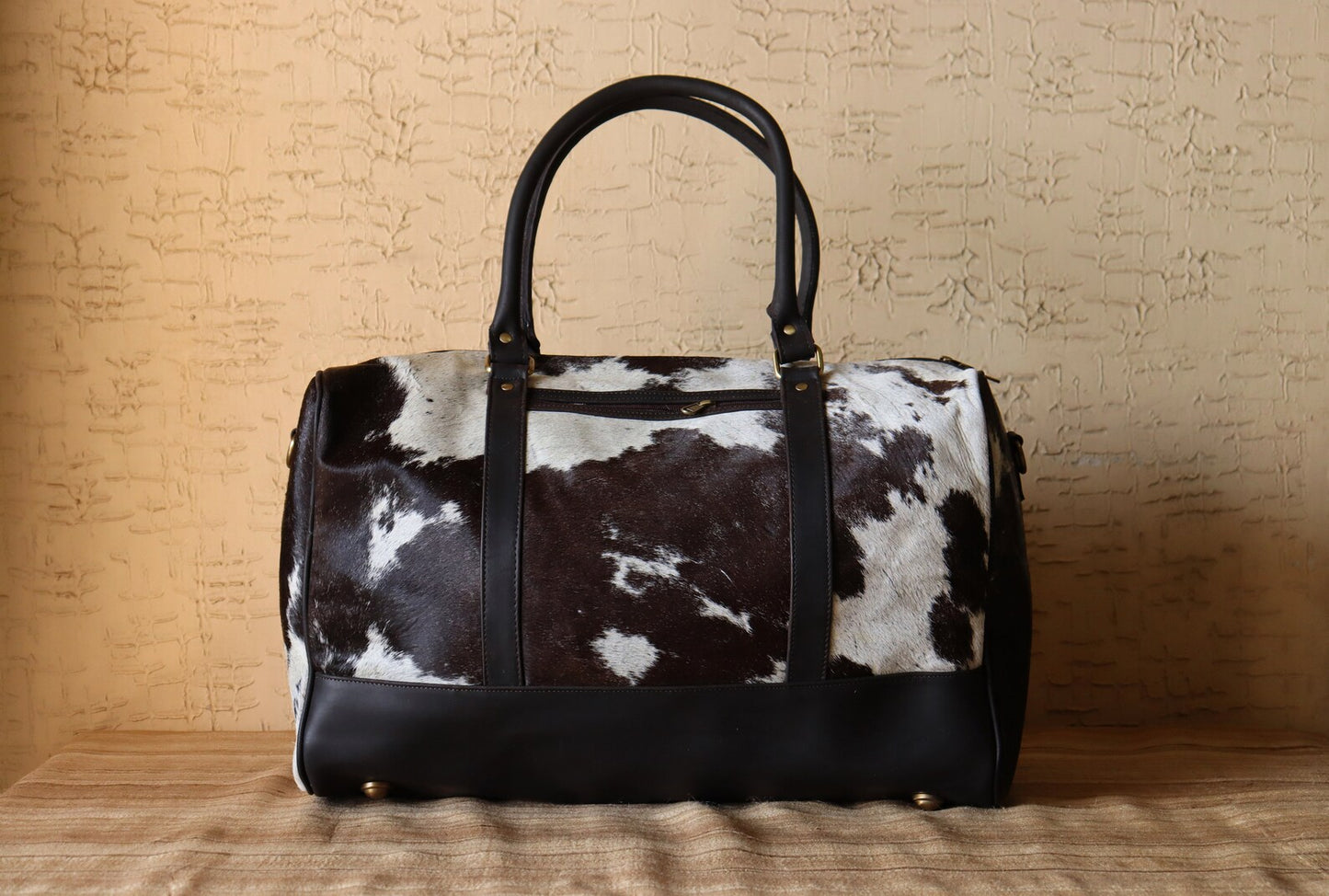 Overnight Cowhide Duffle Bag Black White