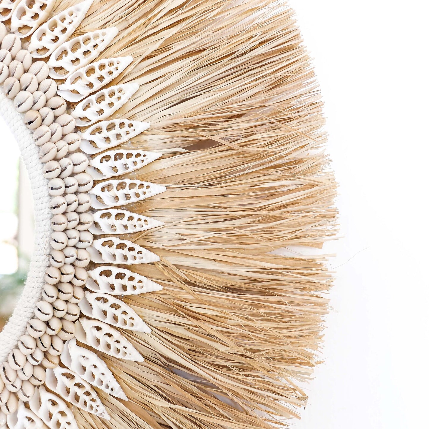 Boho Style Natural Raffia Sea shells Round Mirror