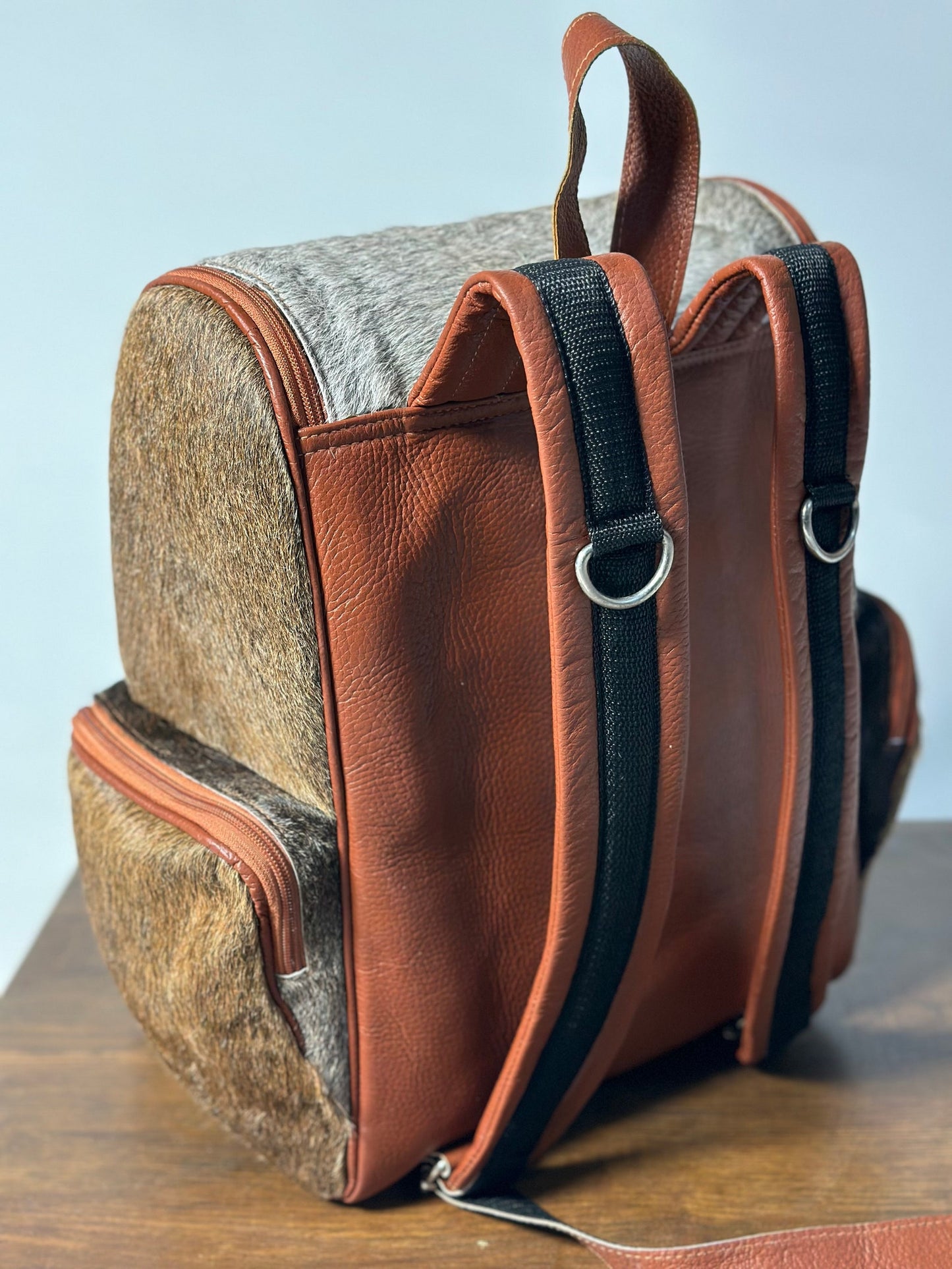 Grey Tan Cowhide Backpack Diaper bag