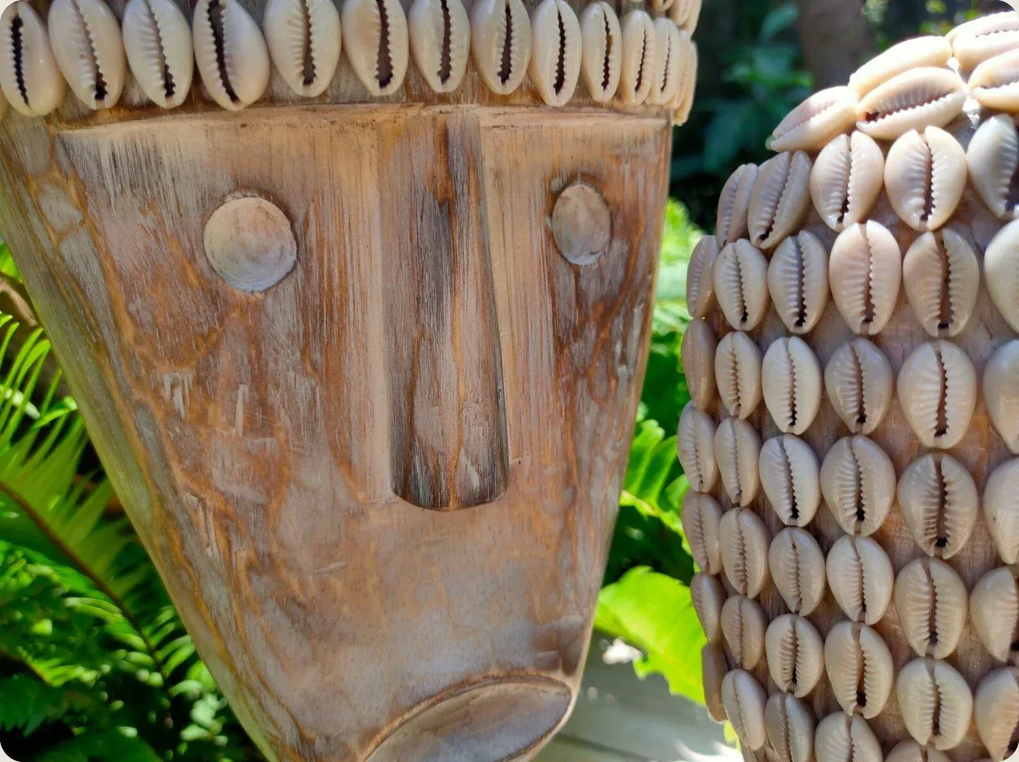 Wooden Tribal Cowrie Shell Mask Sculpture Set Decor