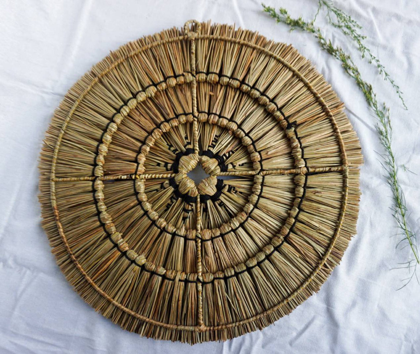 Black macrame seagrass round wall decor