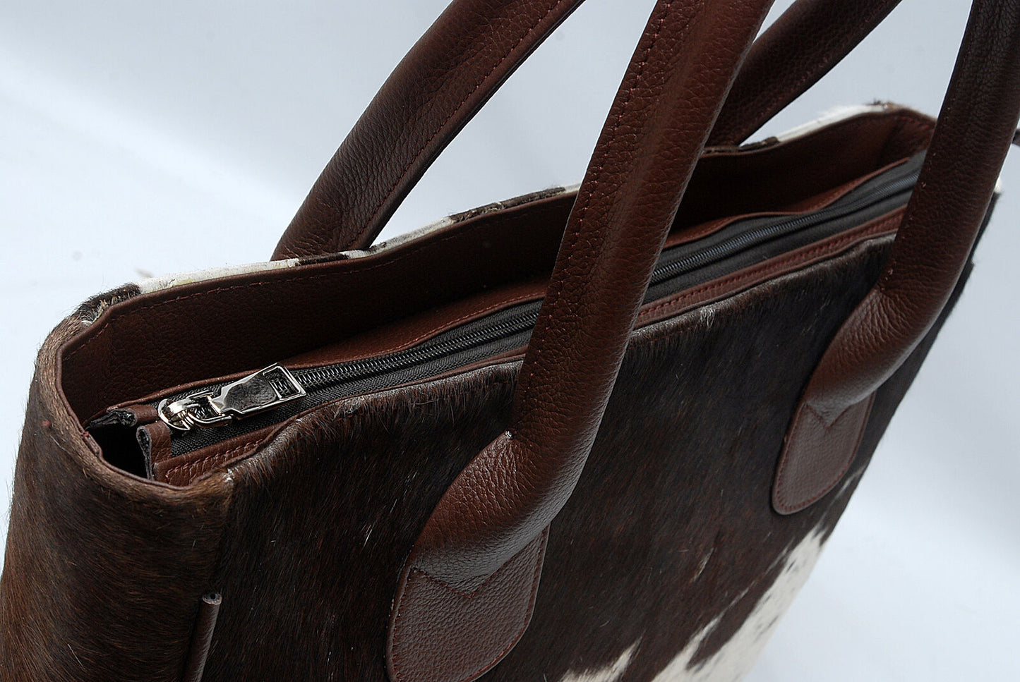 Cowhide Fur Shoulder Purse Dark Brown White