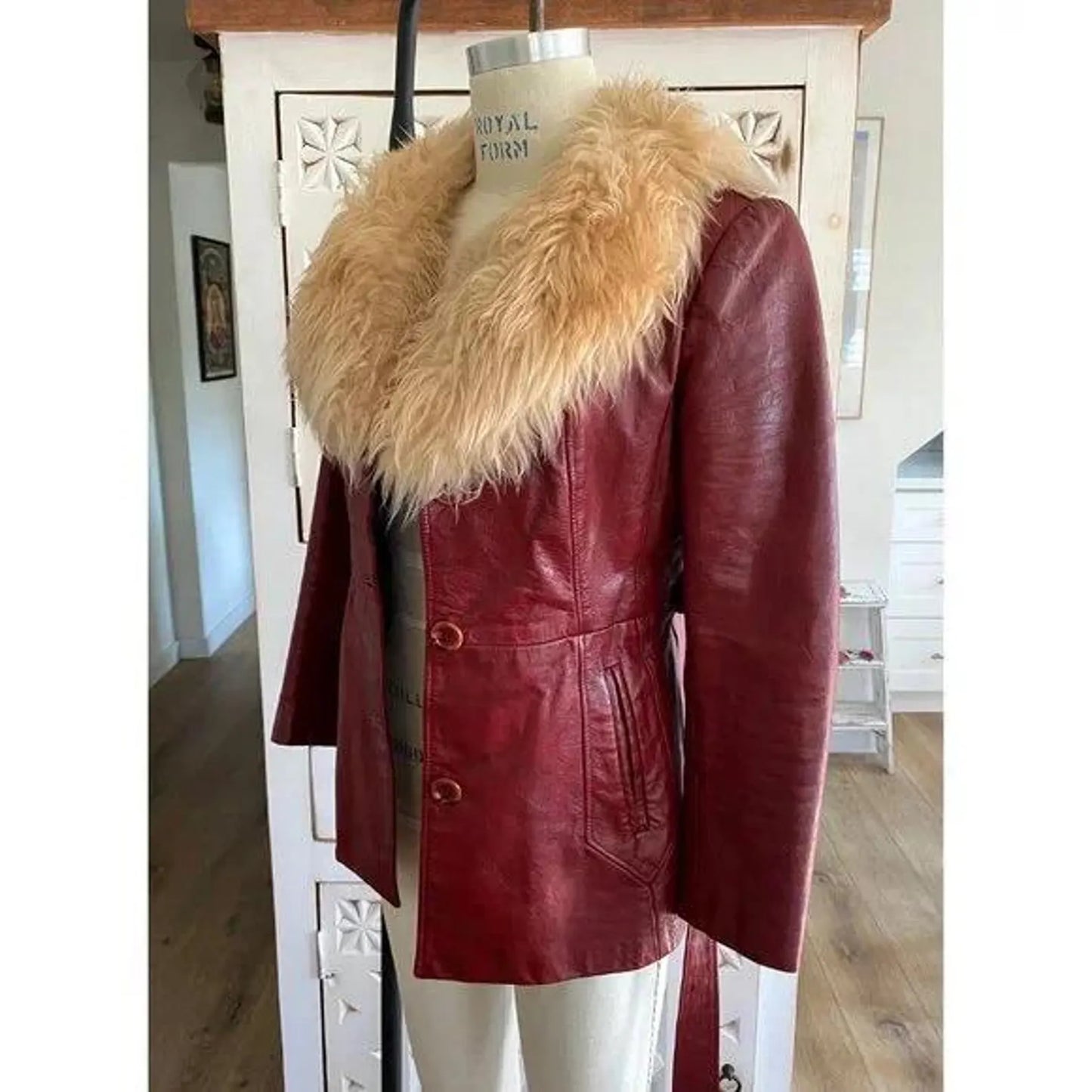 maroon leather jacket for women with fur