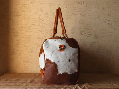 Cowhide Travel Weekender Bag Brown White