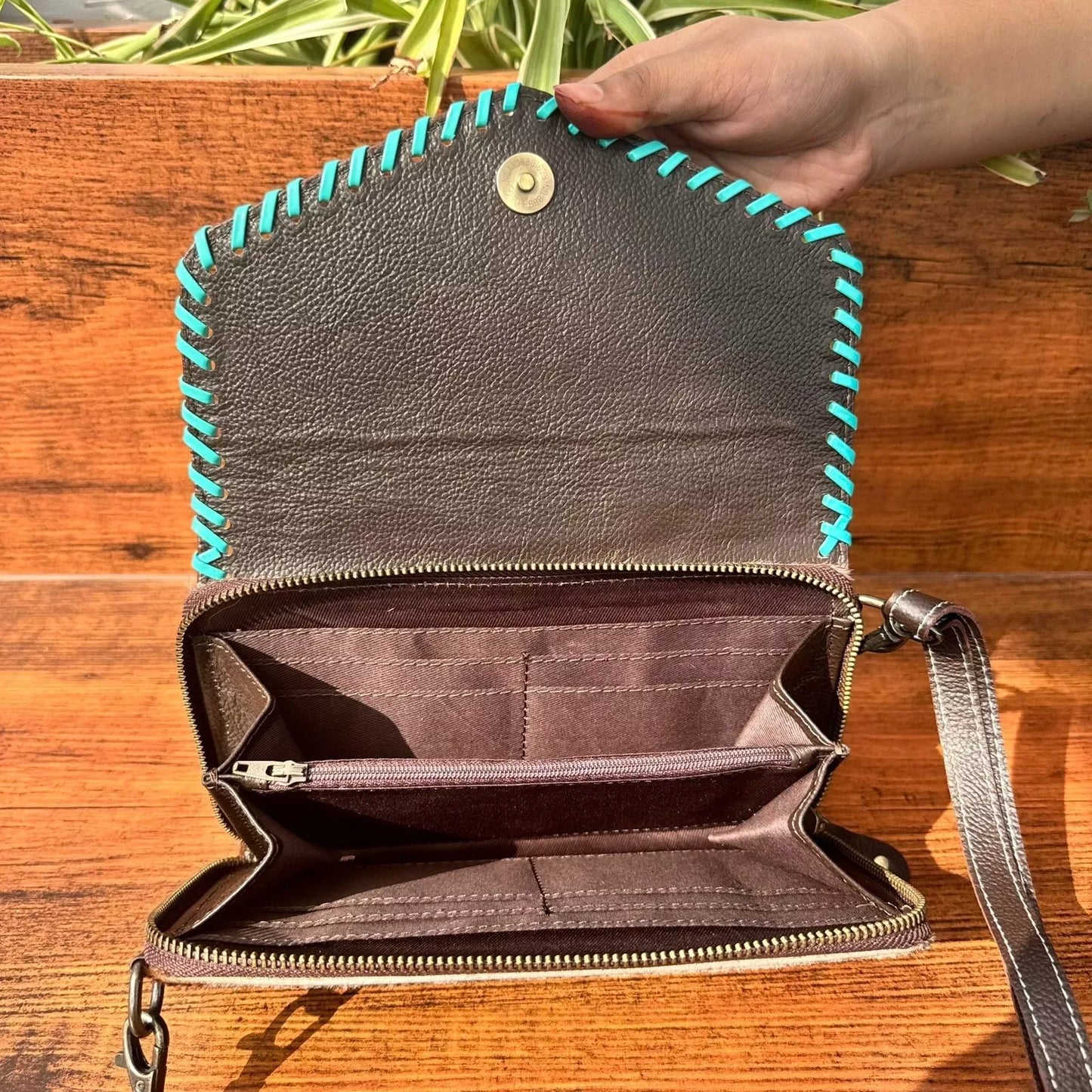 Western Hair On Wallet Tooled Leather Crossbody Sling Bag