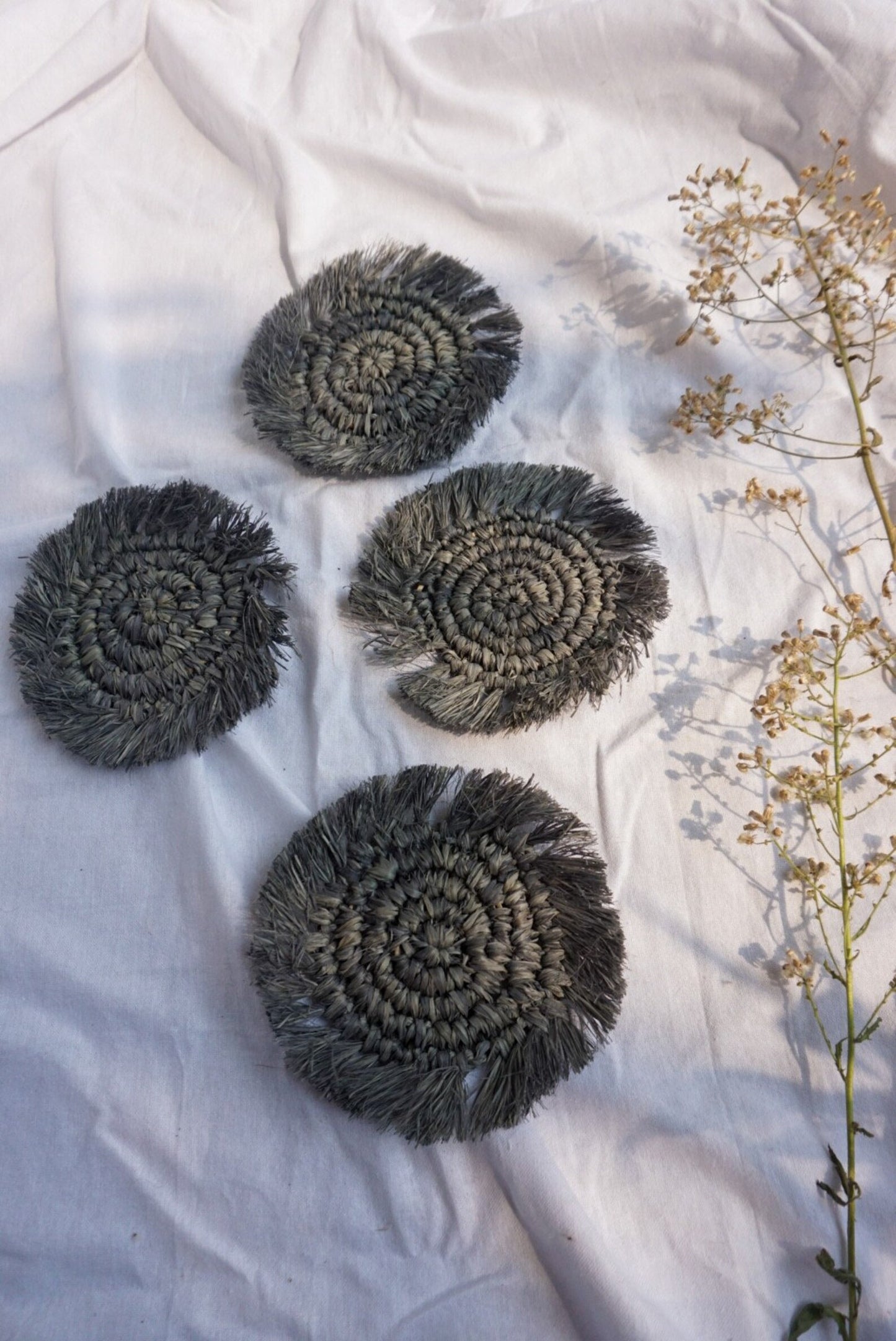 Gray Round Raffia Fringe Coaster Set