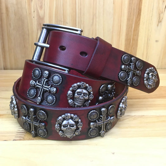 Leather Studded Belt with Skull Rivets and Punk Cross Design