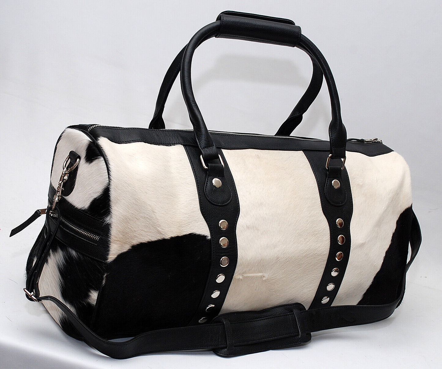 Natural Black White Cow Fur Duffle Weekender Bag