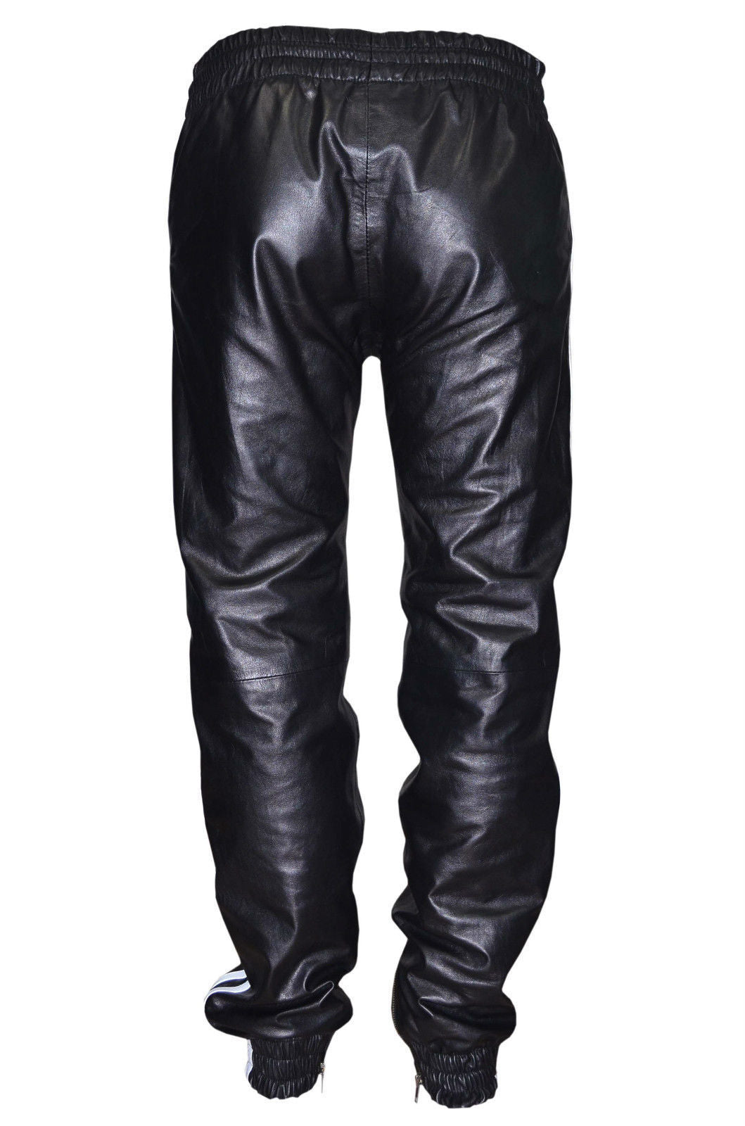 Men’s Leather Jogger Pants with Stripes and Zip Ankle
