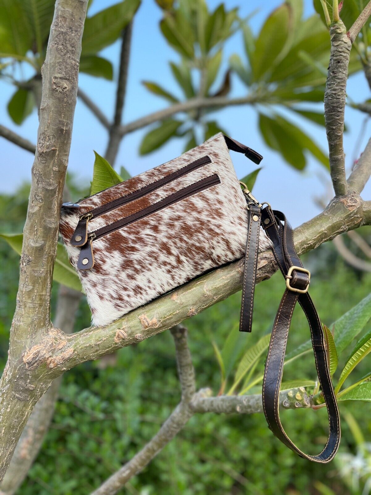 women cowhide crossbody bag brown white