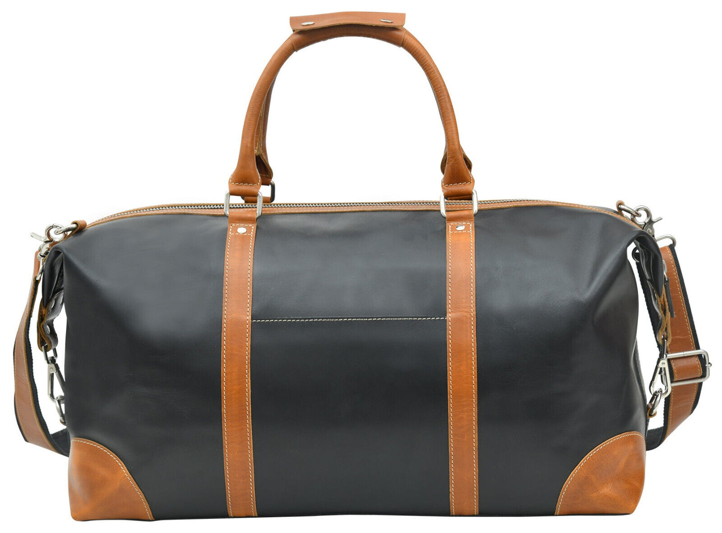 Schwarze Leder-Duffel-Bag mit braunen Details – geräumig, stilvoll und handgefertigt aus Vollnarbenleder.