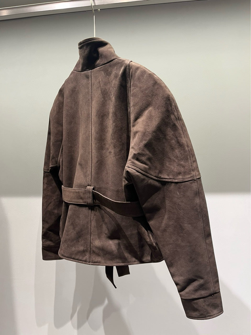 Women Goatskin Suede Short Leather Jacket with Belt