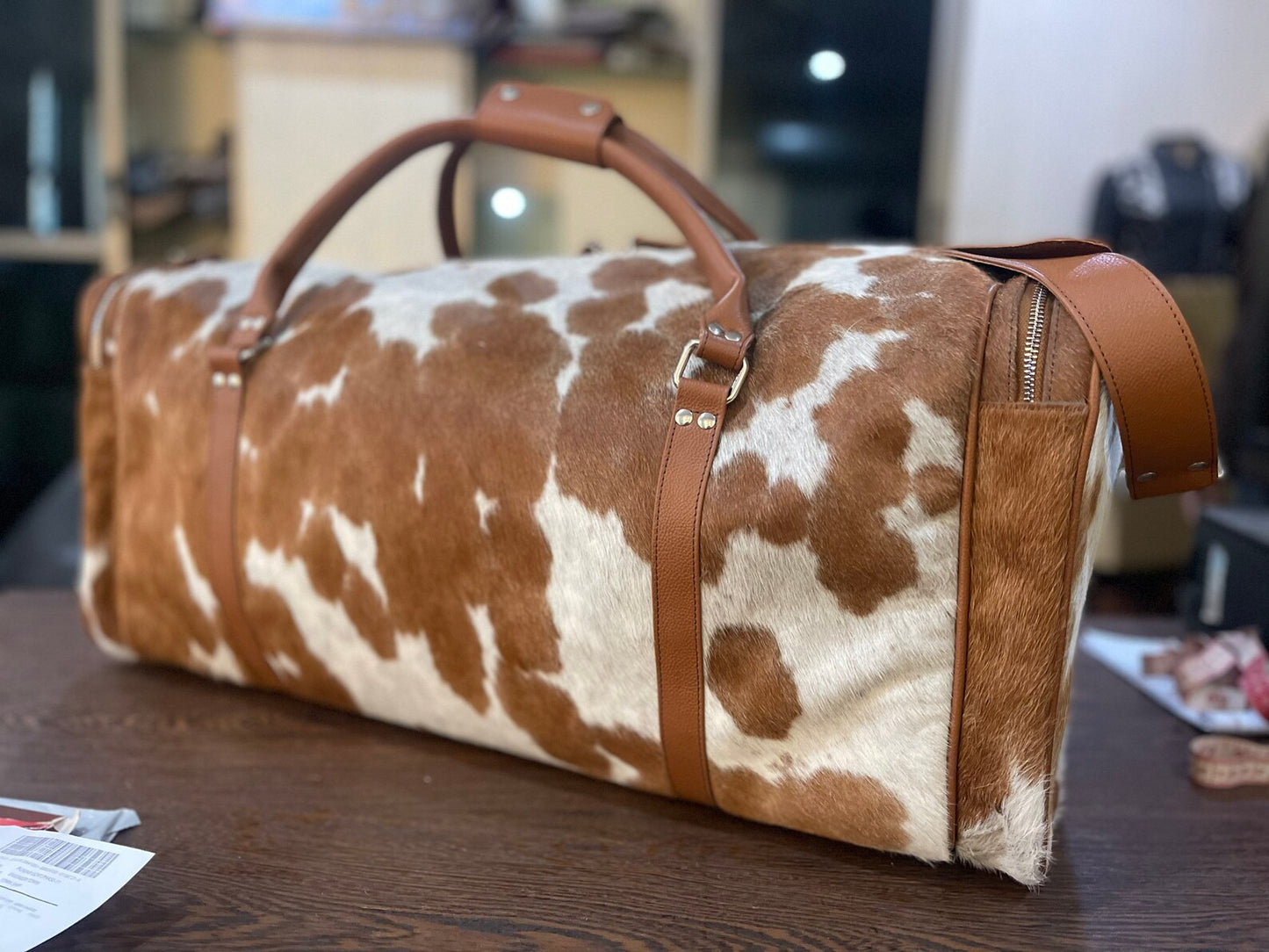 Brown White Cowhide Luggage Bag Western Carry On.