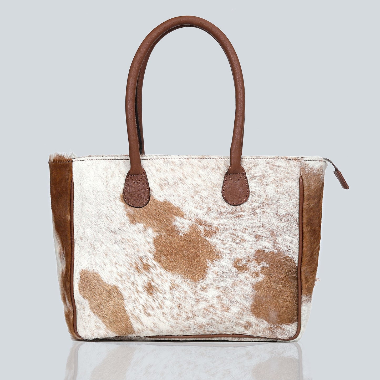 Genuine Cowhide Tote Bag Brown White