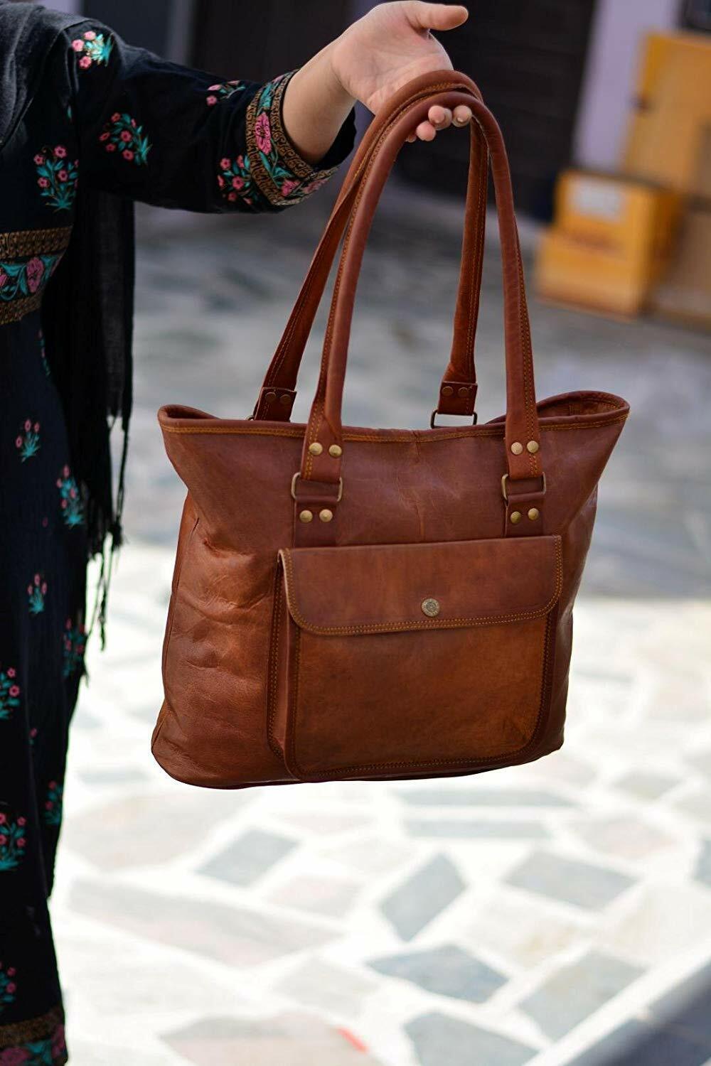 Handmade Leather Tote Bag for Women with Front Pocket