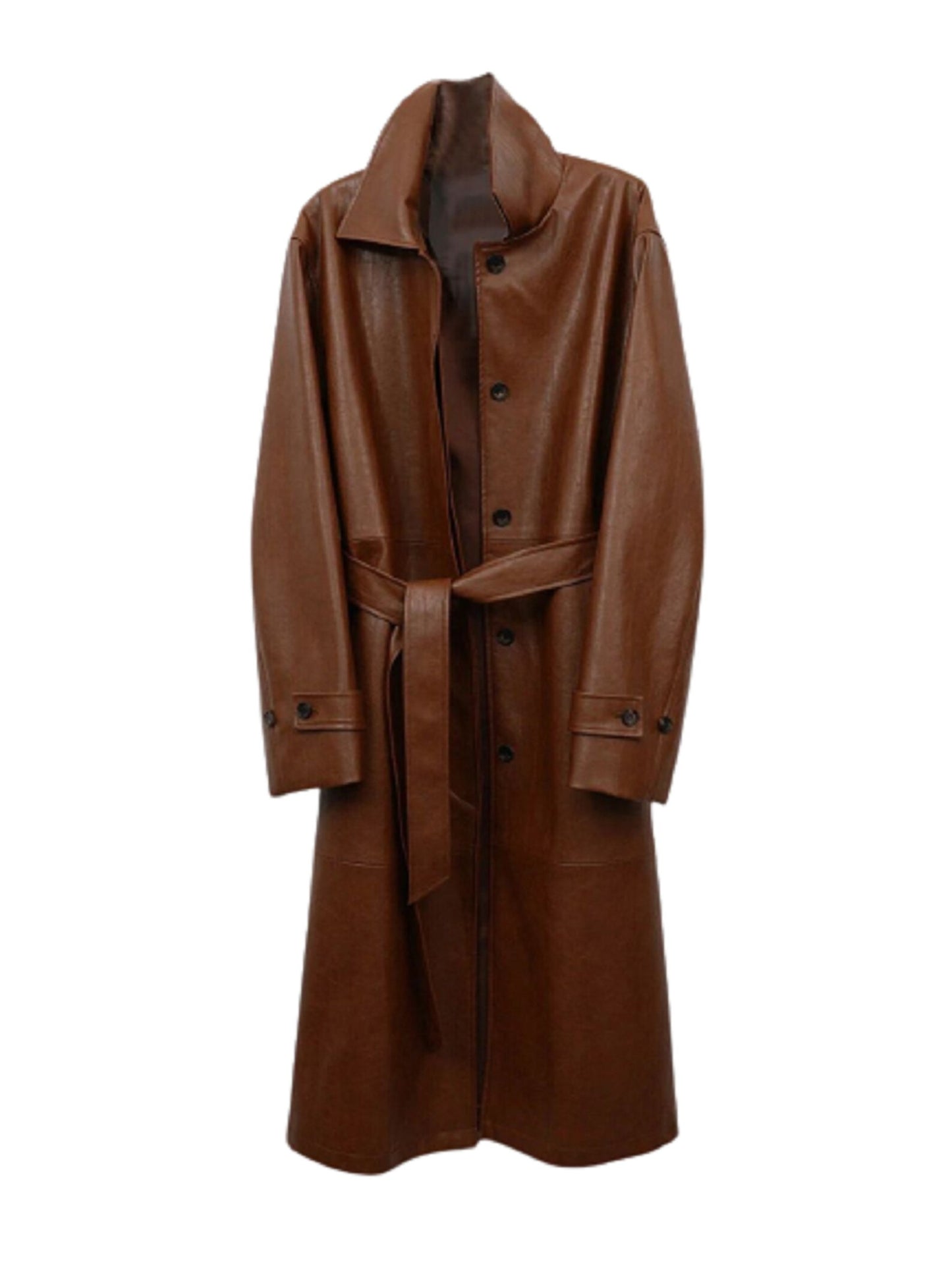 Brown Leather Trench Coat for Women with Belted Waist