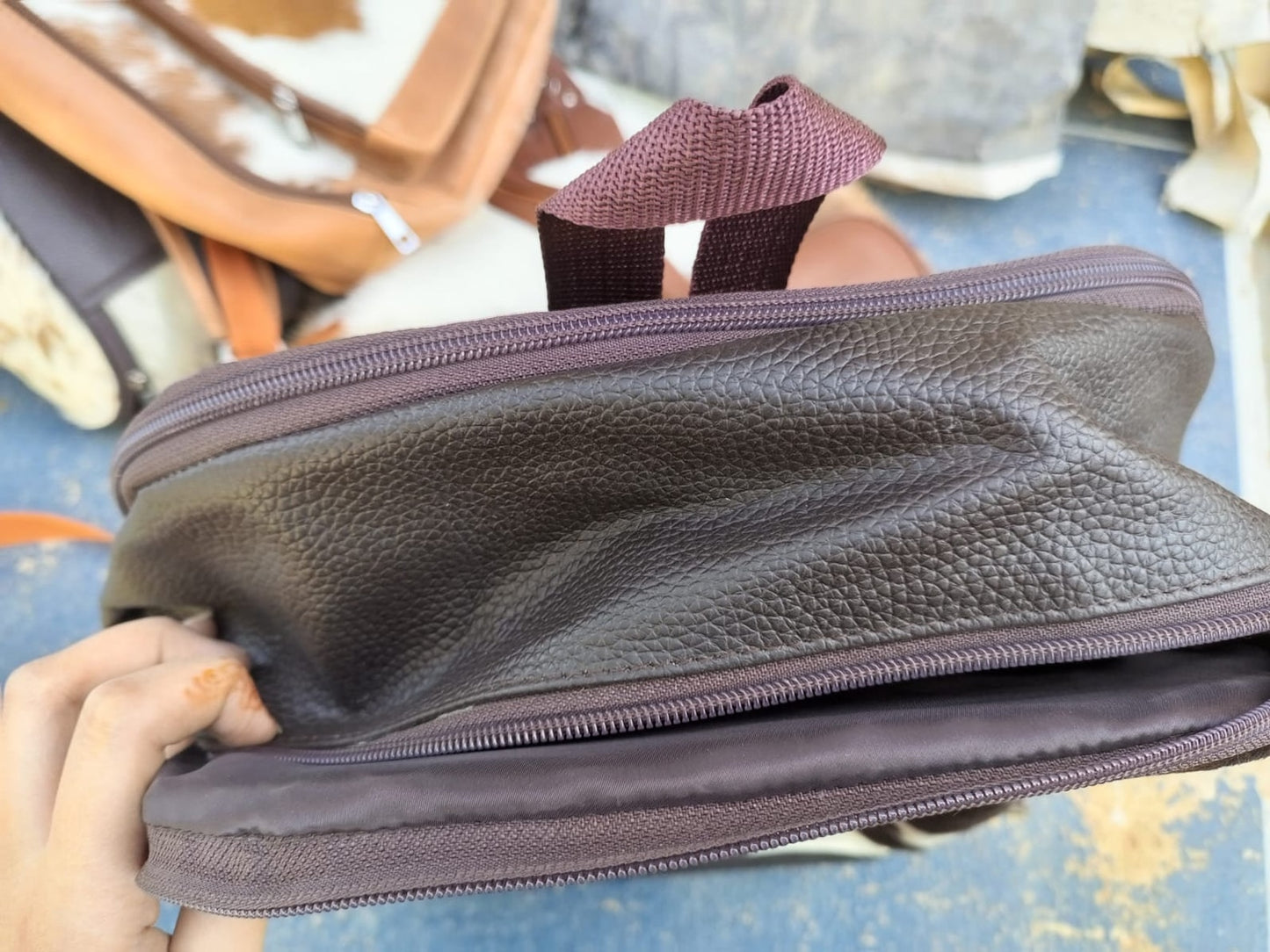 Real hair on cowhide backpack