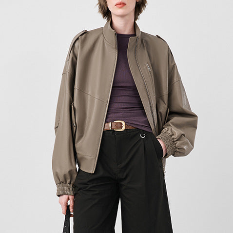 Women Leather Oversized Jacket Retro Stand Collar Motorcycle Coat