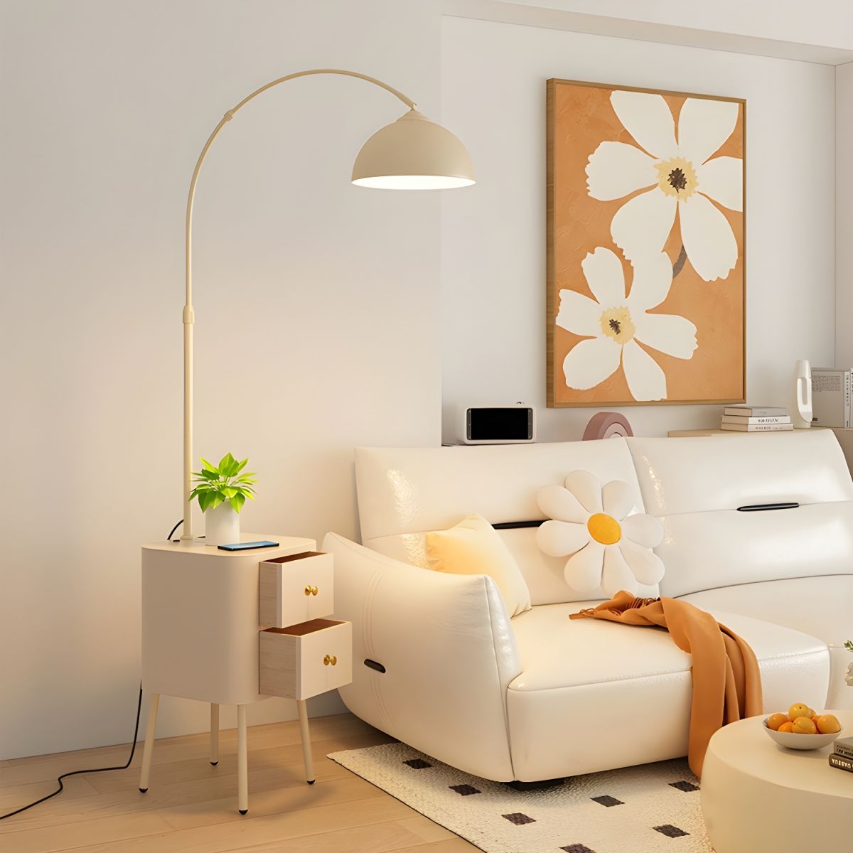 Floor Arc Lamp with Table, Drawer and Wireless Charger