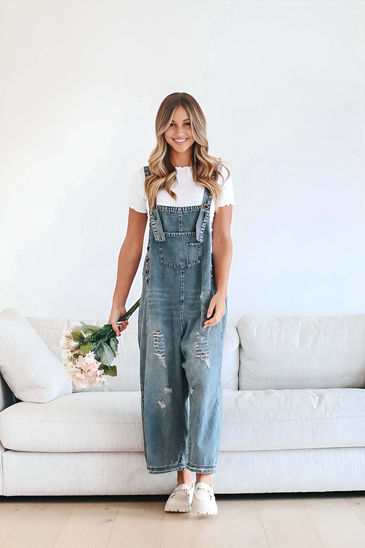 Distressed Denim Overall Dress Wide Leg Jumpsuit