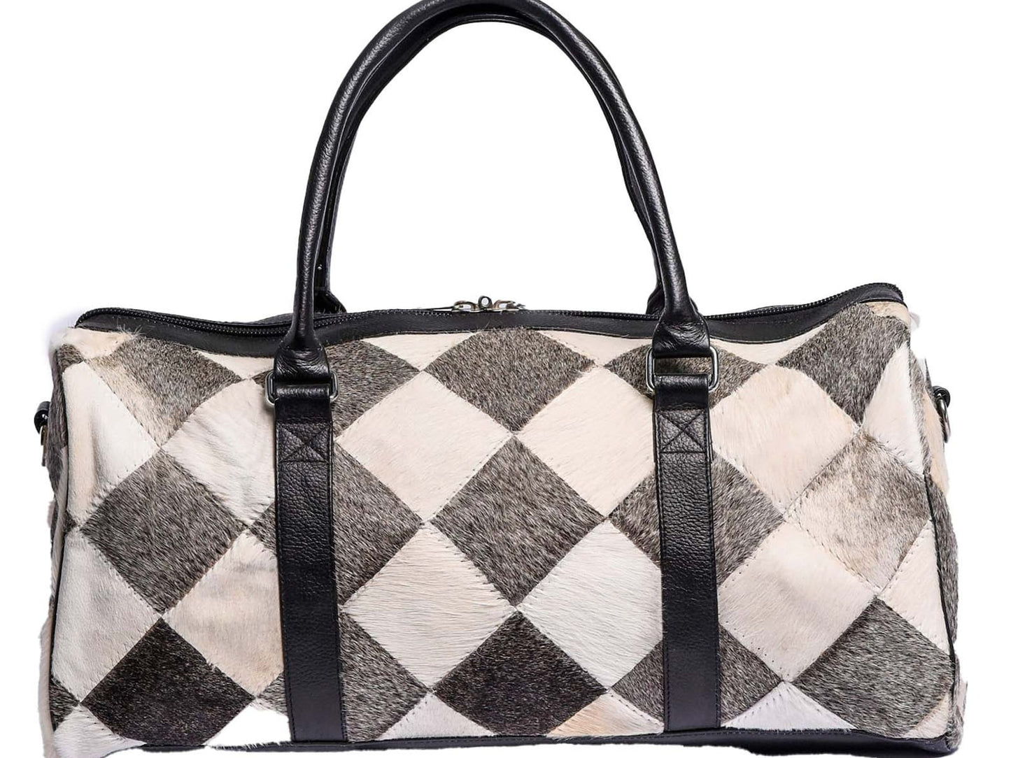 Grey White Patchwork Cowhide Duffle Bag