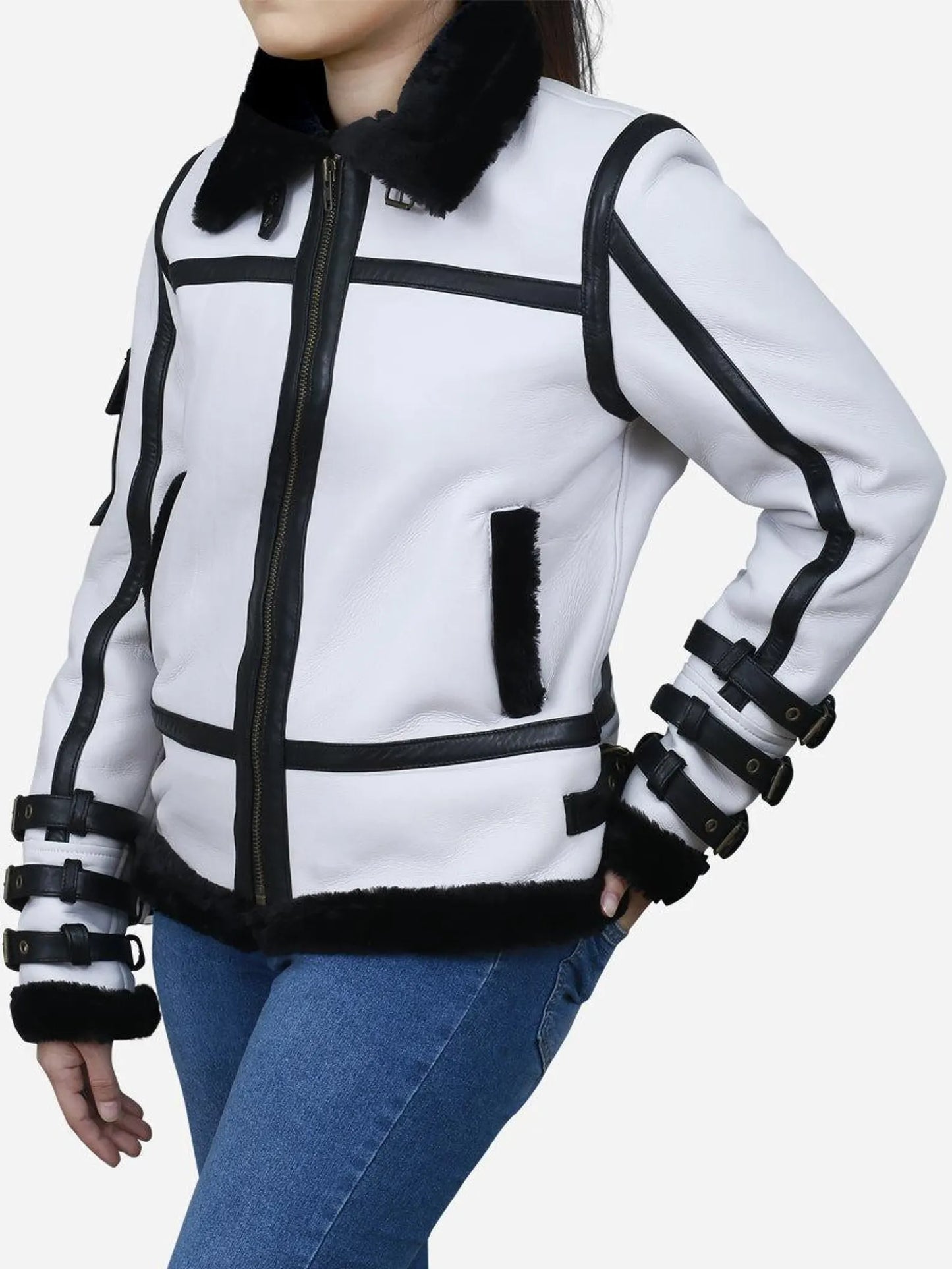 Women Aviator Shearling Leather Jacket Black White