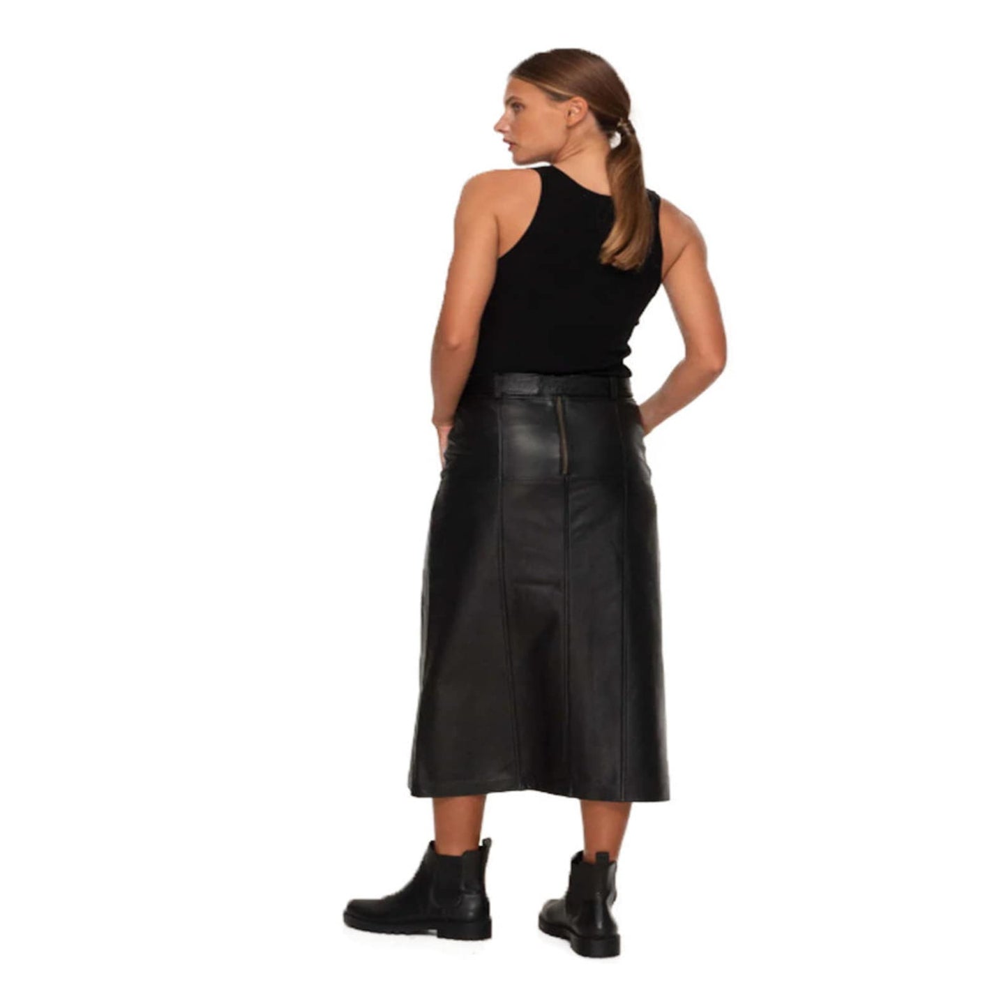 Brown Genuine Leather Midi Skirt for Women with Front Slit