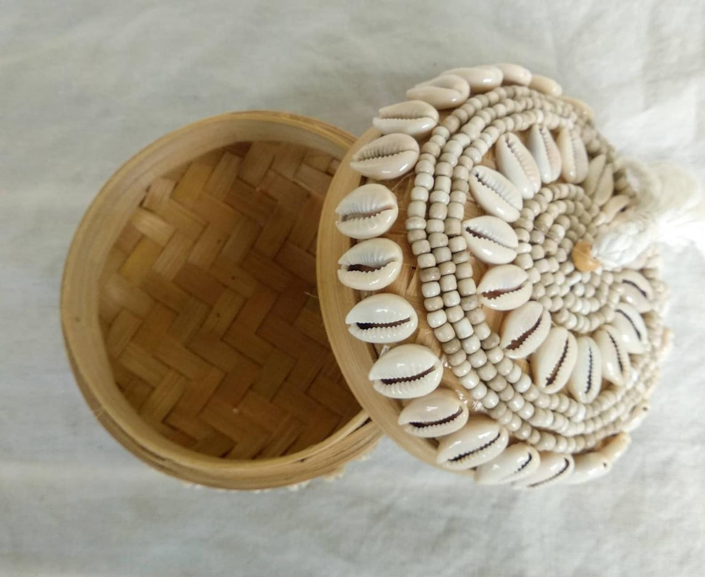 Beaded seashell bamboo basket