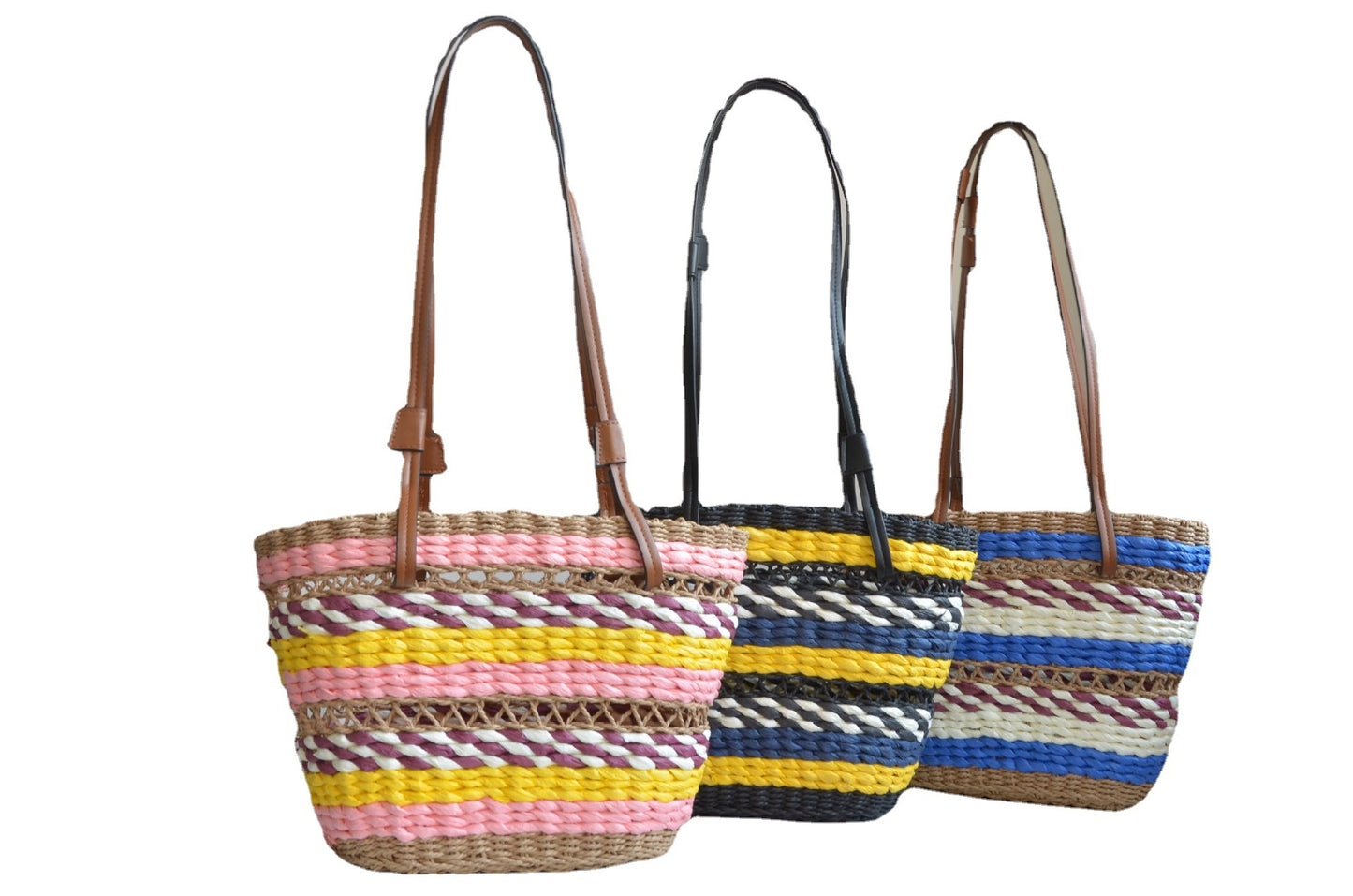 three color trending women straw beach bag