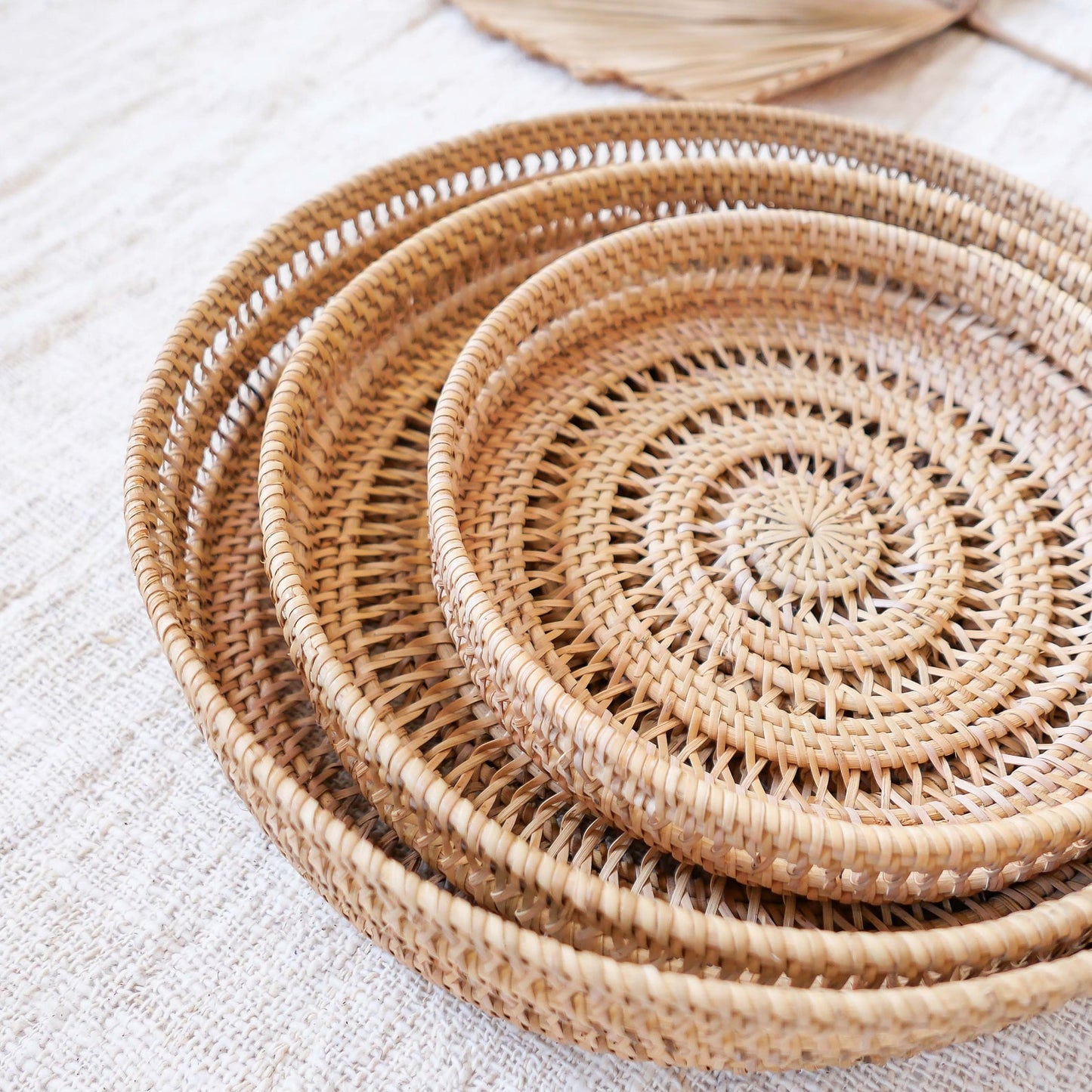 Three Round Rattan Tray Wicker Storage