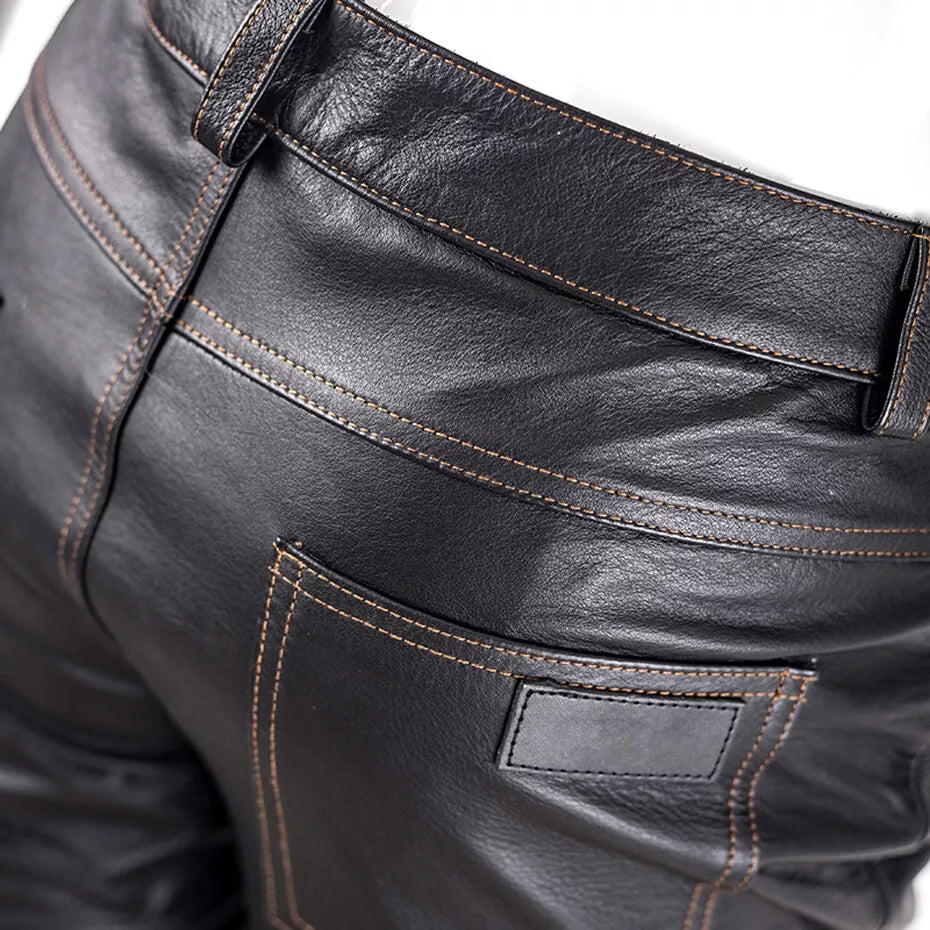 Dark Brown Mens Real Leather Pants Slim Fit