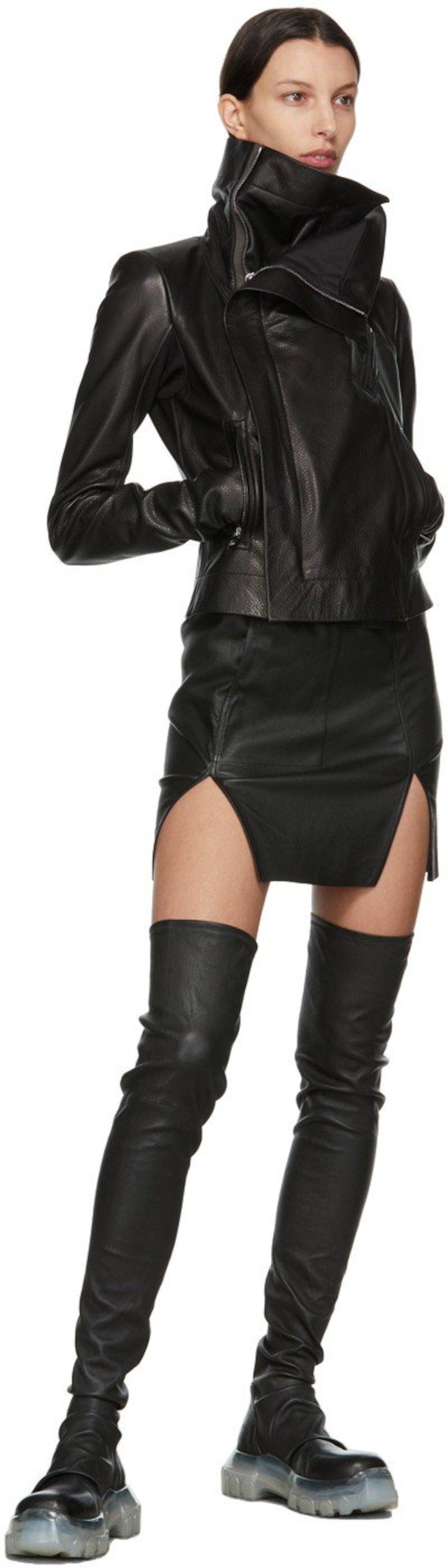 Black real leather outfit mini skirt with side slit